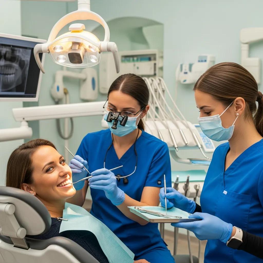 smiling-patient-in-a-dental-clinic-with-dentist-and-assistant-representing-mouth-reconstruction